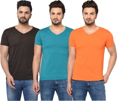 Jaskart Solid Men V Neck Light Blue, Brown, Orange T-Shirt