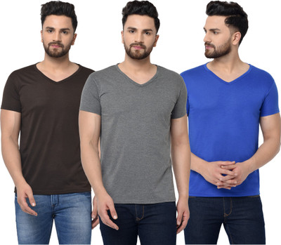 Adorbs Solid Men V Neck Brown, Blue, Grey T-Shirt