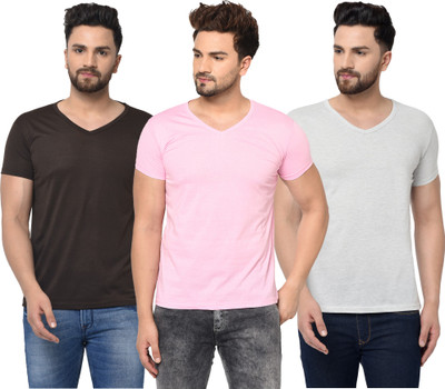Jangoboy Solid Men V Neck White, Brown, Pink T-Shirt