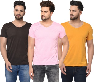 Bribzy Solid Men V Neck Pink, Black, Yellow T-Shirt