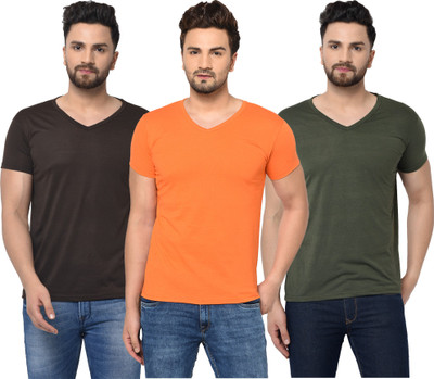 Jangoboy Solid Men V Neck Dark Green, Brown, Orange T-Shirt