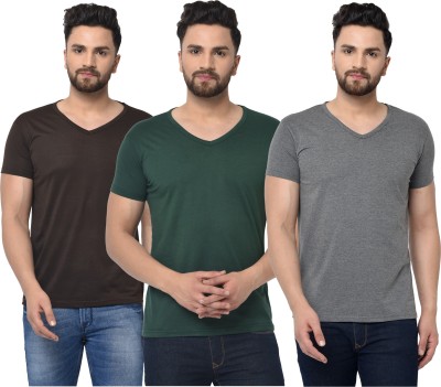 Bribzy Solid Men V Neck Green, Brown, Grey T-Shirt