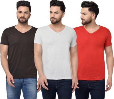 Jangoboy Solid Men V Neck Red, Brown, Grey T-Shirt