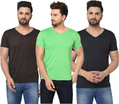 Jangoboy Solid Men V Neck Brown, Black, Light Green T-Shirt
