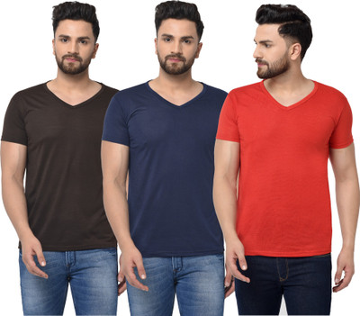 Jaskart Solid Men V Neck Dark Blue, Red, Brown T-Shirt