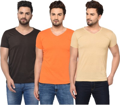 Unite Wear Solid Men V Neck Black, Orange, Beige T-Shirt