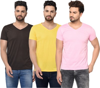 Tivy Solid Men V Neck Brown, Pink, Yellow T-Shirt