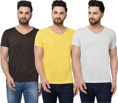 Jangoboy Solid Men V Neck Brown, Grey, Yellow T-Shirt