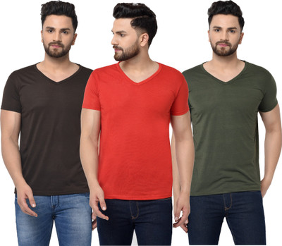 Jangoboy Solid Men V Neck Dark Green, Red, Brown T-Shirt