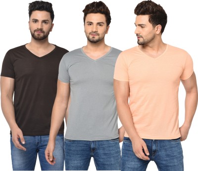 Jangoboy Solid Men V Neck Brown, Pink, Grey T-Shirt