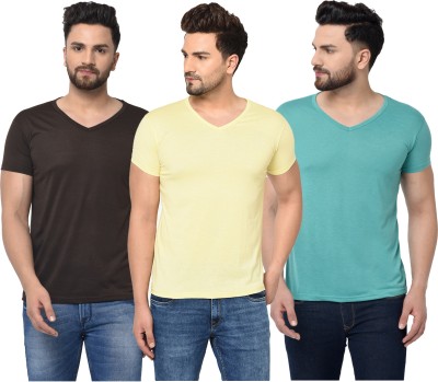 Adorbs Solid Men V Neck Light Blue, Brown, Yellow T-Shirt