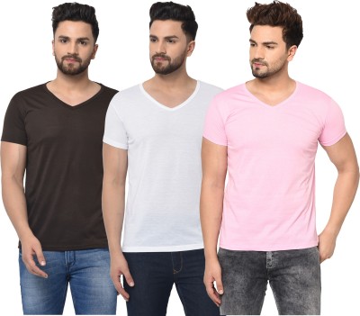 Jaskart Solid Men V Neck White, Brown, Pink T-Shirt