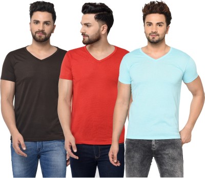 Jaskart Solid Men V Neck Light Blue, Red, Brown T-Shirt