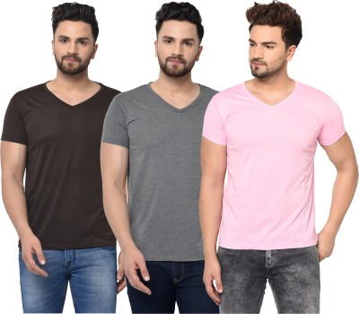 Jangoboy Solid Men V Neck Brown, Pink, Grey T-Shirt