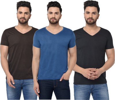 Tivy Solid Men V Neck Brown, Blue, Black T-Shirt