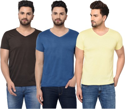 Jangoboy Solid Men V Neck Blue, Brown, Yellow T-Shirt