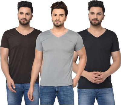 Jaskart Solid Men V Neck Brown, Black, Grey T-Shirt