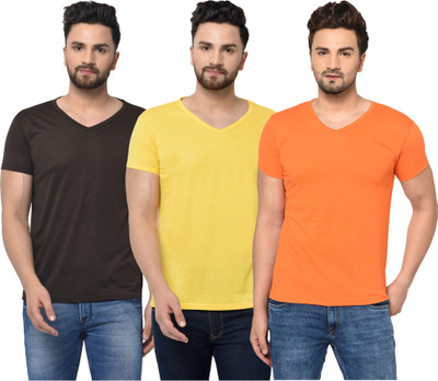 Jangoboy Solid Men V Neck Brown, Orange, Yellow T-Shirt