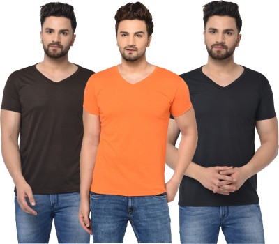 Adorbs Solid Men V Neck Brown, Black, Orange T-Shirt