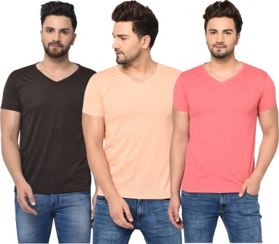 Jangoboy Solid Men V Neck Brown, Pink, Beige T-Shirt