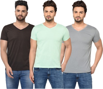 Jaskart Solid Men V Neck Brown, Grey, Light Green T-Shirt