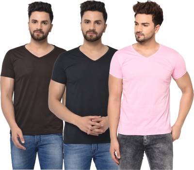 Jangoboy Solid Men V Neck Brown, Black, Pink T-Shirt