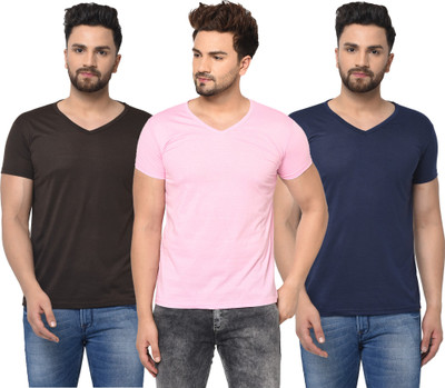 Adorbs Solid Men V Neck Blue, Brown, Pink T-Shirt