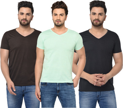 Jangoboy Solid Men V Neck Brown, Black, Light Green T-Shirt