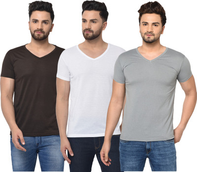 Jangoboy Solid Men V Neck White, Brown, Grey T-Shirt