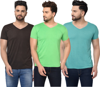 Jangoboy Solid Men V Neck Light Blue, Brown, Light Green T-Shirt