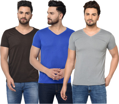 Jangoboy Solid Men V Neck Brown, Blue, Grey T-Shirt