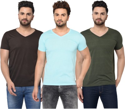 Tivy Solid Men V Neck Dark Green, Light Blue, Brown T-Shirt