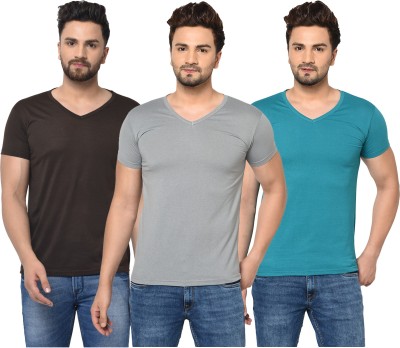 Adorbs Solid Men V Neck Blue, Brown, Grey T-Shirt