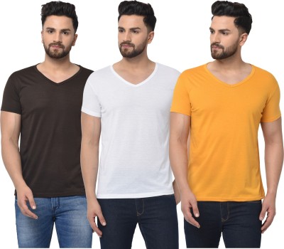 Tivy Solid Men V Neck White, Brown, Yellow T-Shirt