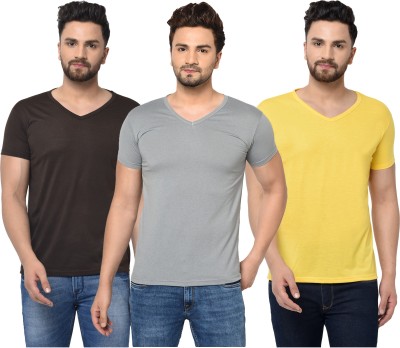 Tivy Solid Men V Neck Brown, Grey, Yellow T-Shirt