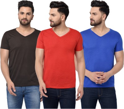 Unite Wear Solid Men V Neck Dark Blue, Red, Brown T-Shirt