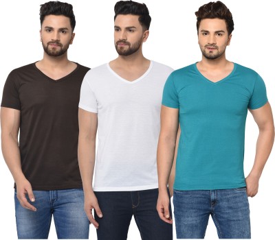 Tivy Solid Men V Neck Blue, Black, Yellow T-Shirt