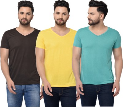 Jangoboy Solid Men V Neck Brown, Blue, Yellow T-Shirt