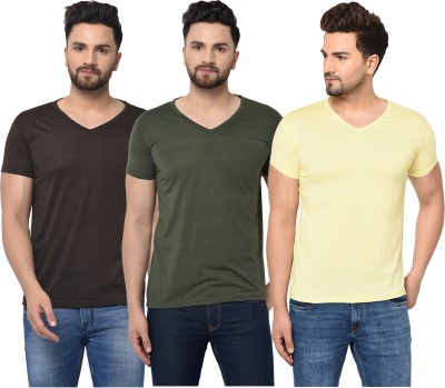 Jaskart Solid Men V Neck Dark Green, Brown, Yellow T-Shirt