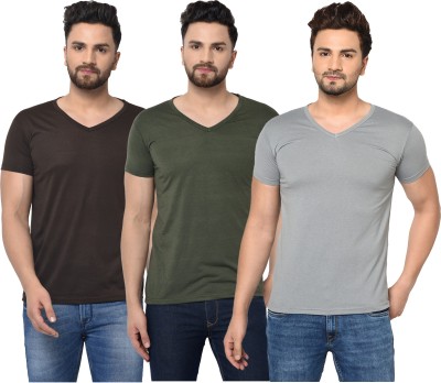 Adorbs Solid Men V Neck Dark Green, Brown, Grey T-Shirt