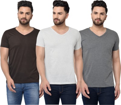 Adorbs Solid Men V Neck Brown, Grey T-Shirt