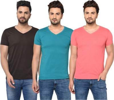 Jangoboy Solid Men V Neck Blue, Brown, Pink T-Shirt