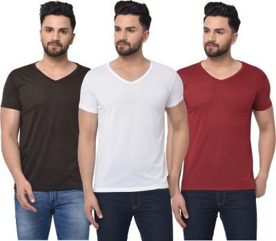 Jaskart Solid Men V Neck White, Brown, Maroon T-Shirt