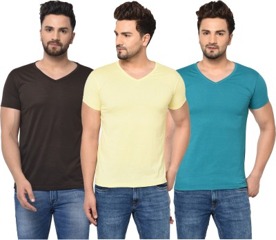 Bribzy Solid Men V Neck Light Blue, Brown, Yellow T-Shirt