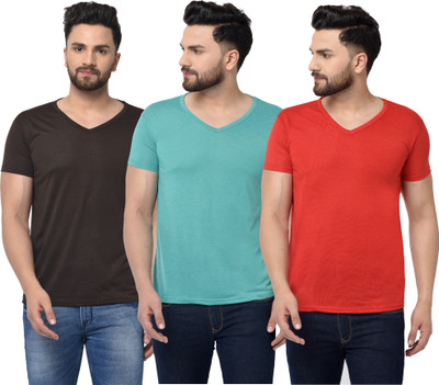 Jangoboy Solid Men V Neck Light Blue, Red, Brown T-Shirt