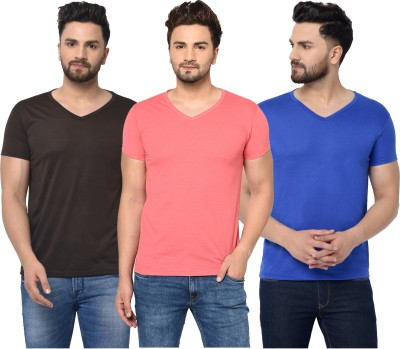 Tivy Solid Men V Neck Brown, Blue, Pink T-Shirt