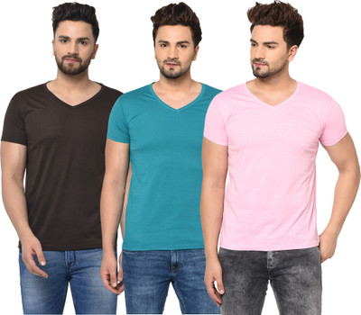 Unite Wear Solid Men V Neck Blue, Brown, Pink T-Shirt
