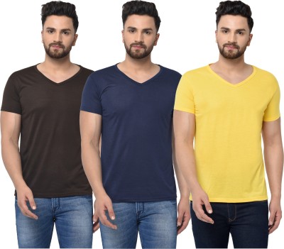 Adorbs Solid Men V Neck Brown, Blue, Yellow T-Shirt