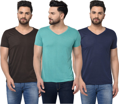 Tivy Solid Men V Neck Dark Blue, Black, Light Green T-Shirt