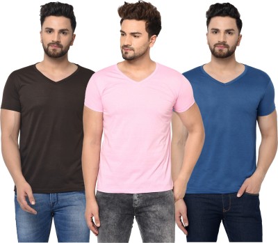 Bribzy Solid Men V Neck Brown, Blue, Pink T-Shirt